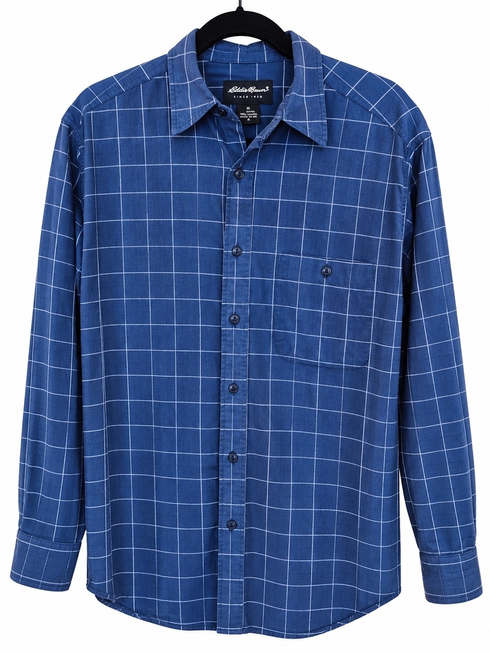 Eddie Bauer Men’s S Blue White Windowpane 100% Cotton Button Up Shirt